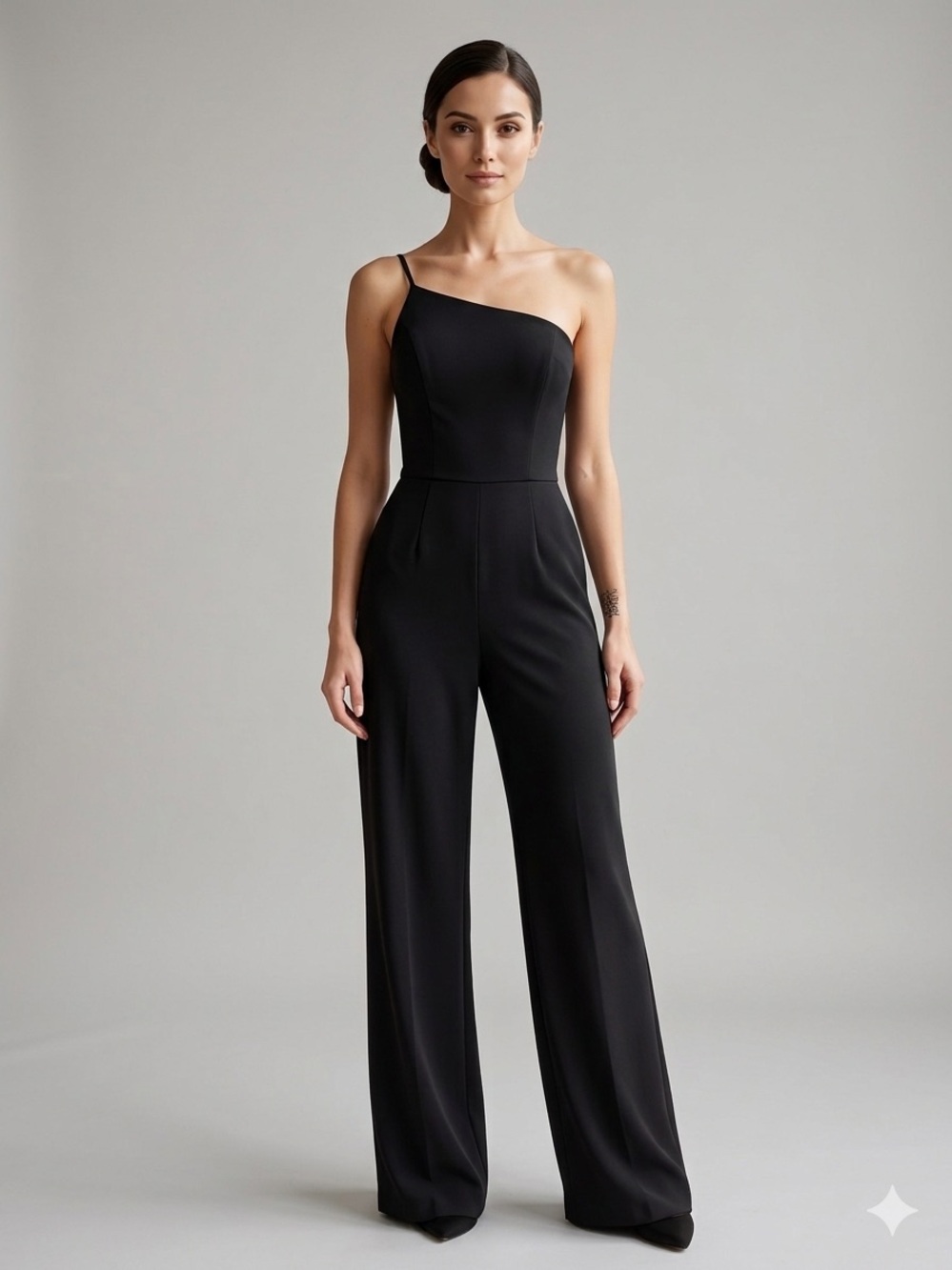 One-Shoulder Black Jumpsuit Asymmetrical Neckline Minimalist Edgy Chic